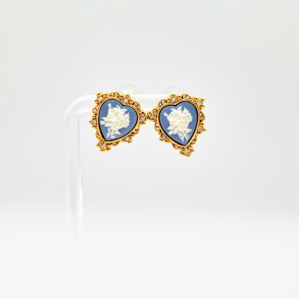 Victorian Inspired Gold and Blue Heart Cameo Earrings with Ornate Border